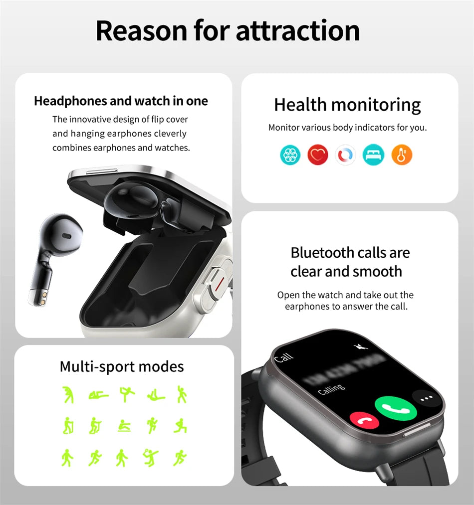 Smart Watch 2 in 1 With Earphone